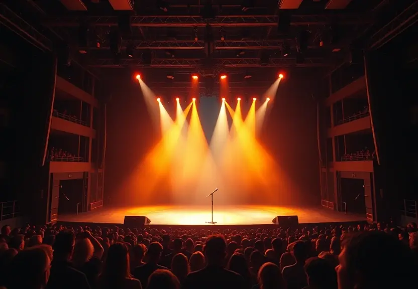 Palco vazio com as luzes acesas antes do show, visto da plateia