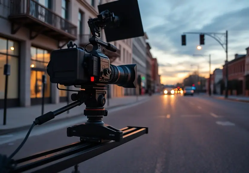 Set de filmagem com câmera sobre trilho e refletores, numa rua preparada