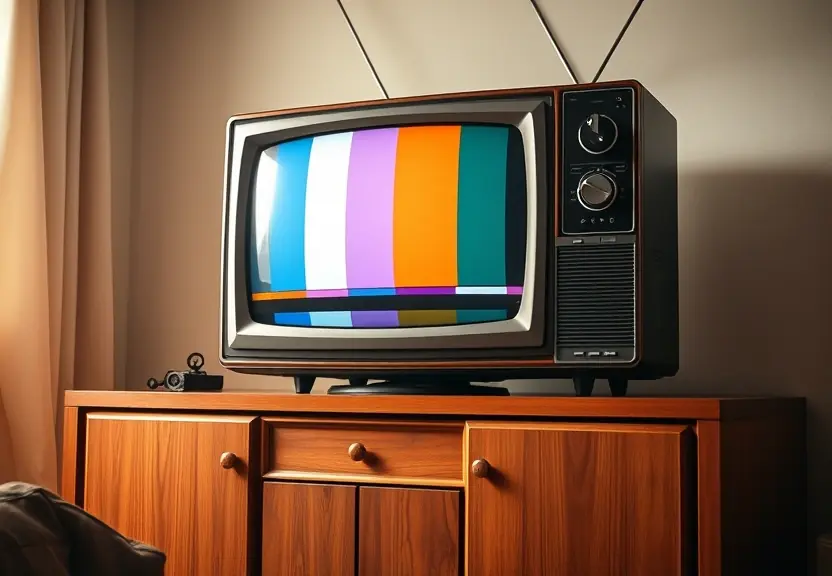 Televisão antiga sobre um aparador de madeira, com a tela ligada