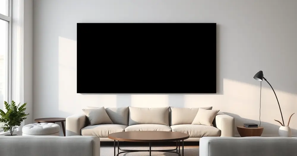 sala de estar com televisor de tela preta desligado na parede