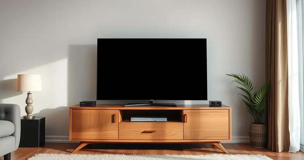 Televisão desligada em sala clara com móvel de madeira