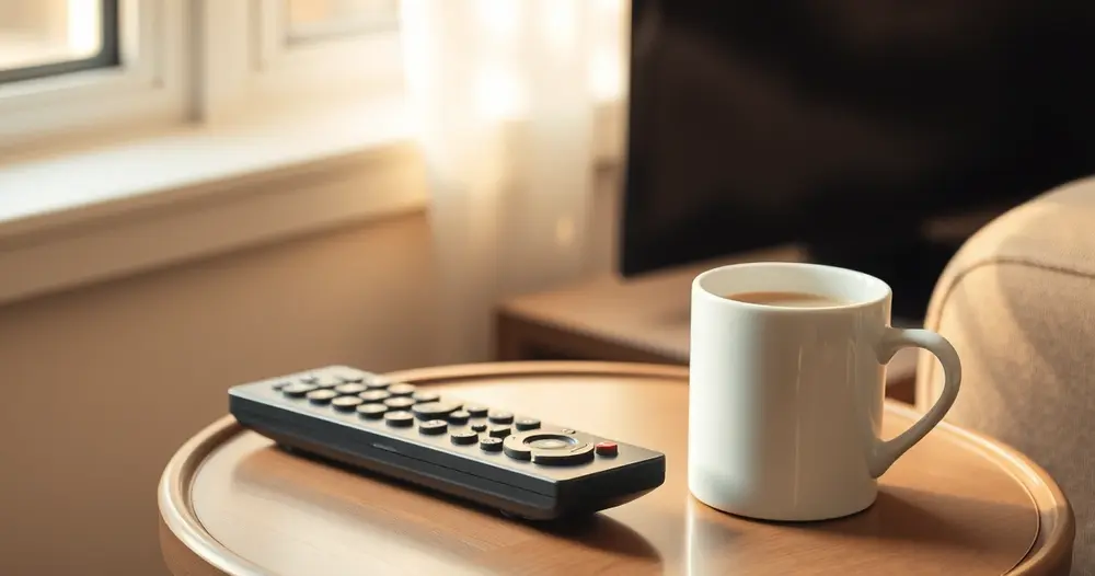 Caneca de café ao lado de controle remoto sobre mesa de apoio