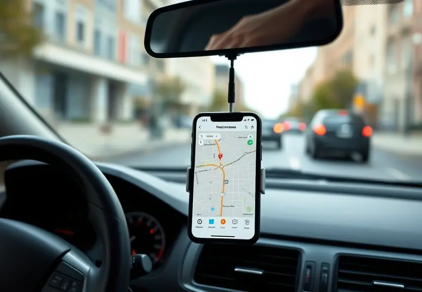 Painel de carro com o celular no suporte exibindo um mapa, com a rua à frente