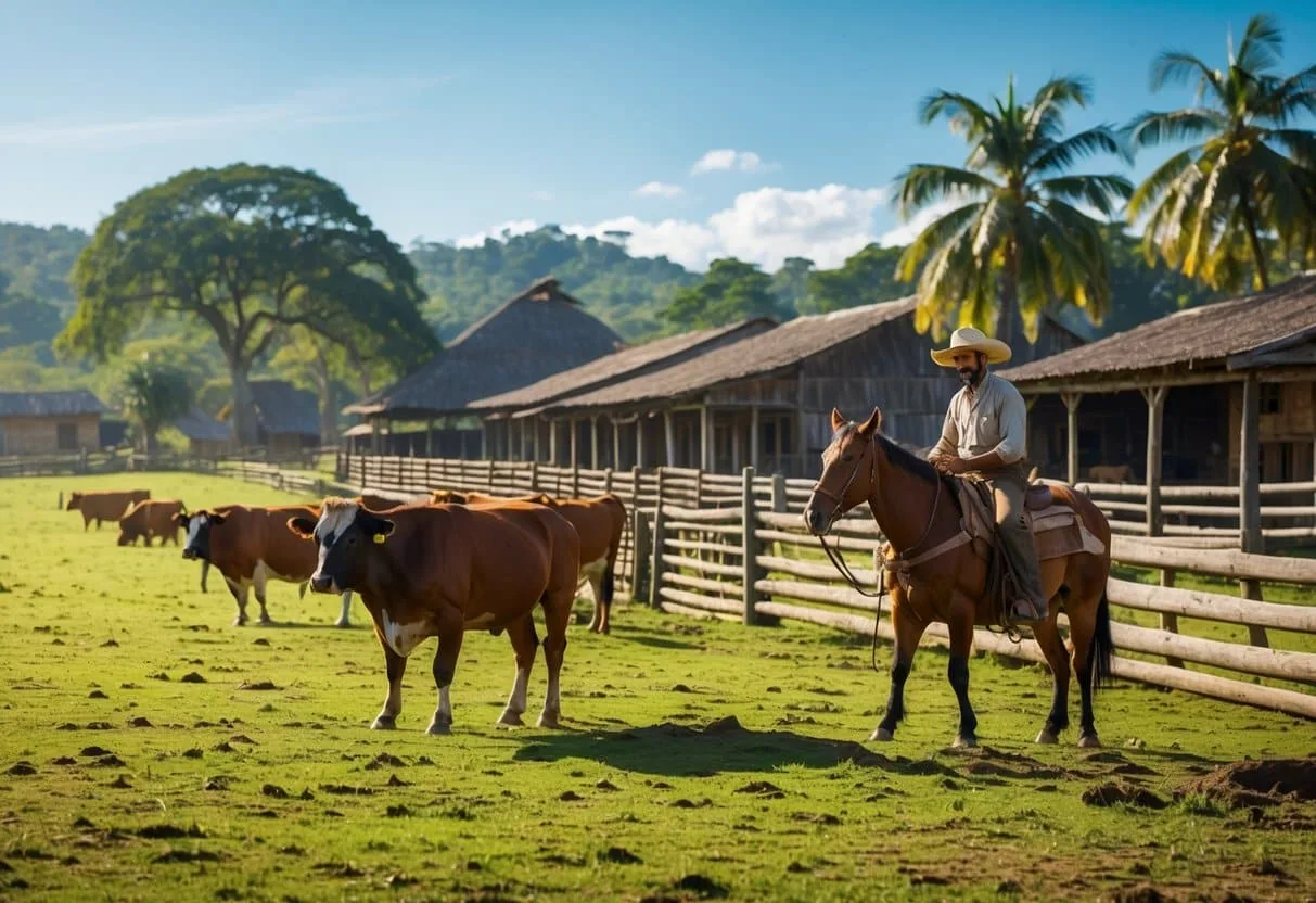 Pastagem ampla com gado pastando e um vaqueiro colonial cuidando dos animais em uma fazenda no Brasil colonial.