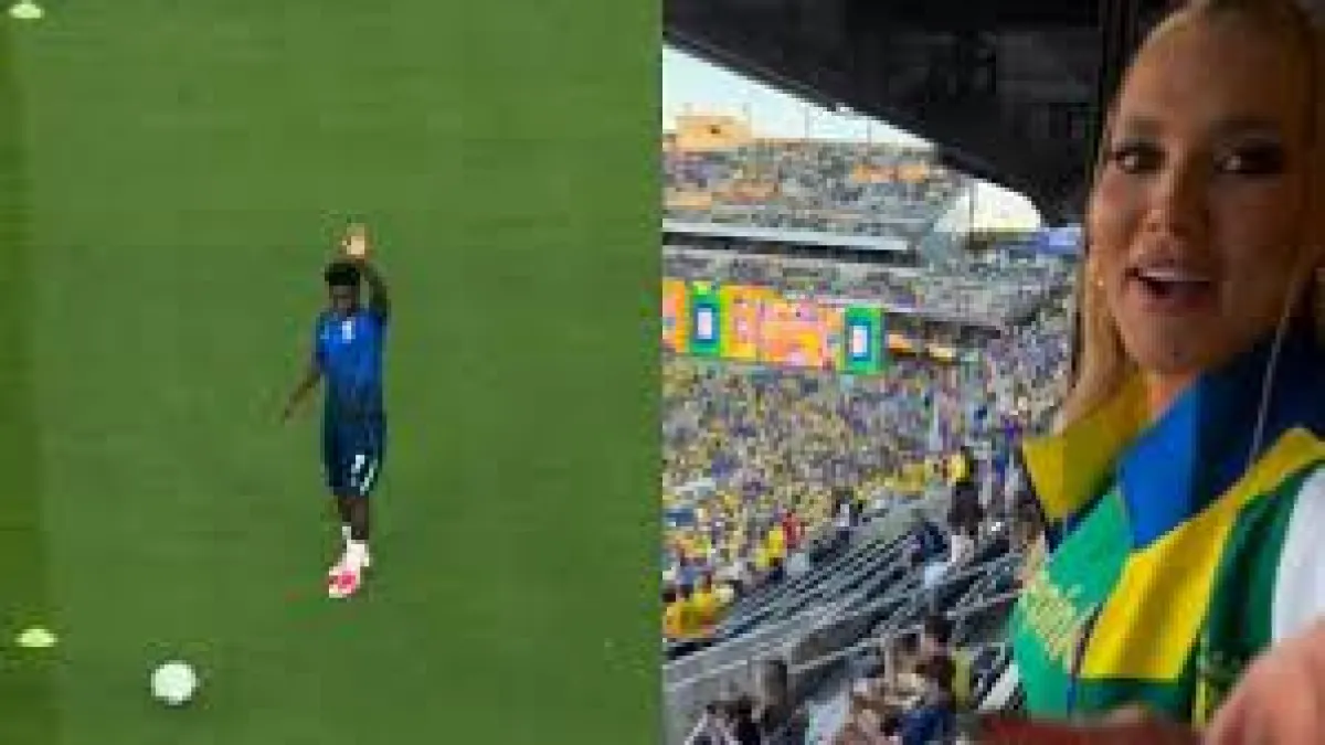Vini Jr acena para Virginia Fonseca em jogo da Copa