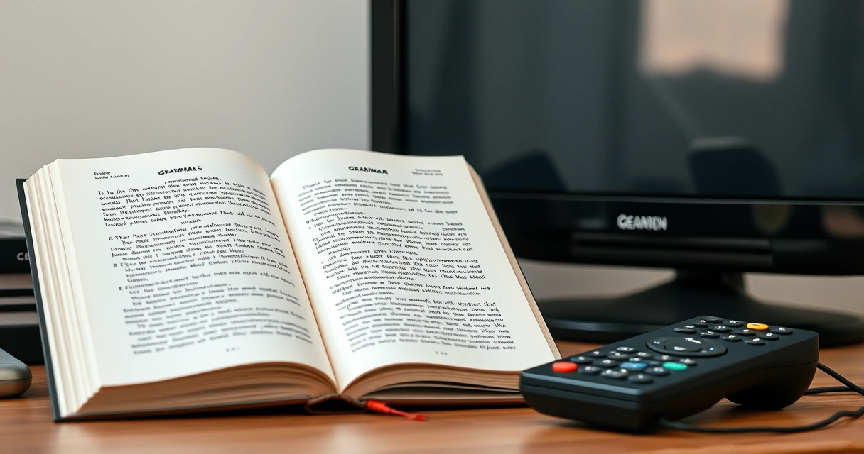 livro de gramática aberto ao lado de um controle remoto